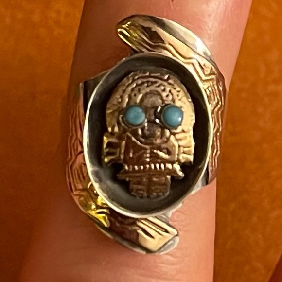 Vintage 1950/60 Peruvian Inca God/Warrior, 925 Silver & 18K Gold Ring Size 6 Adj - Picture 2 of 5